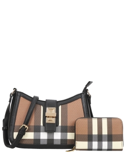 2in1 Fashion Plaid Design Curved Crossbody Bag with Wallet Set LM-2117-A BLACK
